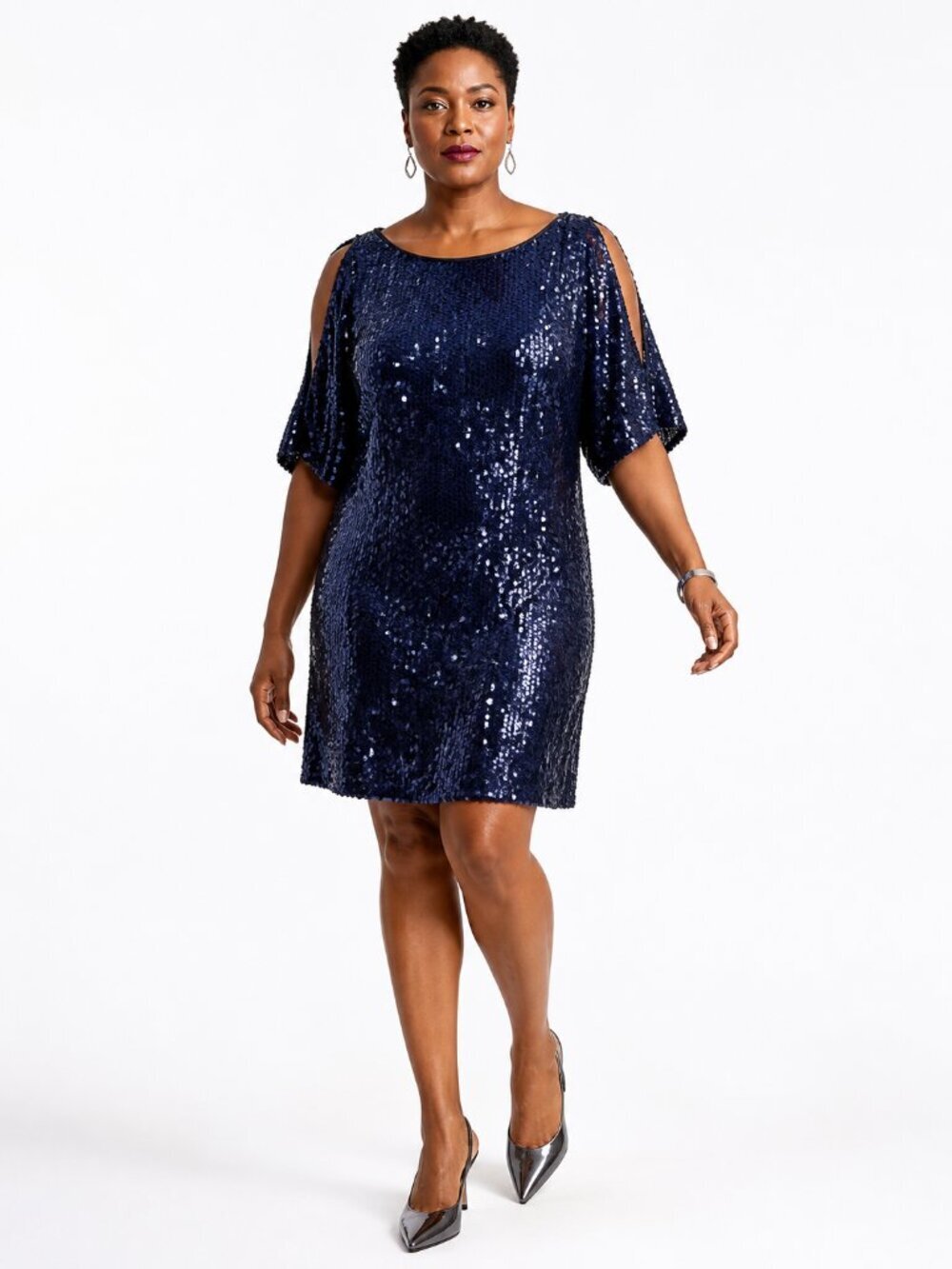 Aidan Mattox Navy Sequin Cold Shoulder Shift Dress Size 10